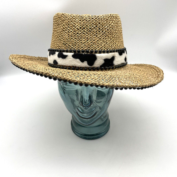 The Scala Collection Straw Hat with Fuzzy Cow Print Band & Black Studs One Size - Picture 2 of 7